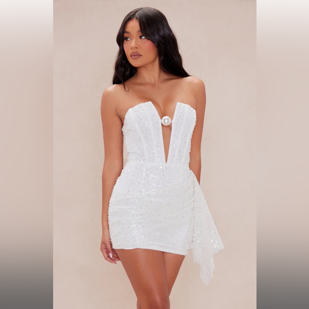 Fashion Nova Denise Embellished White Mini Sequin Dress